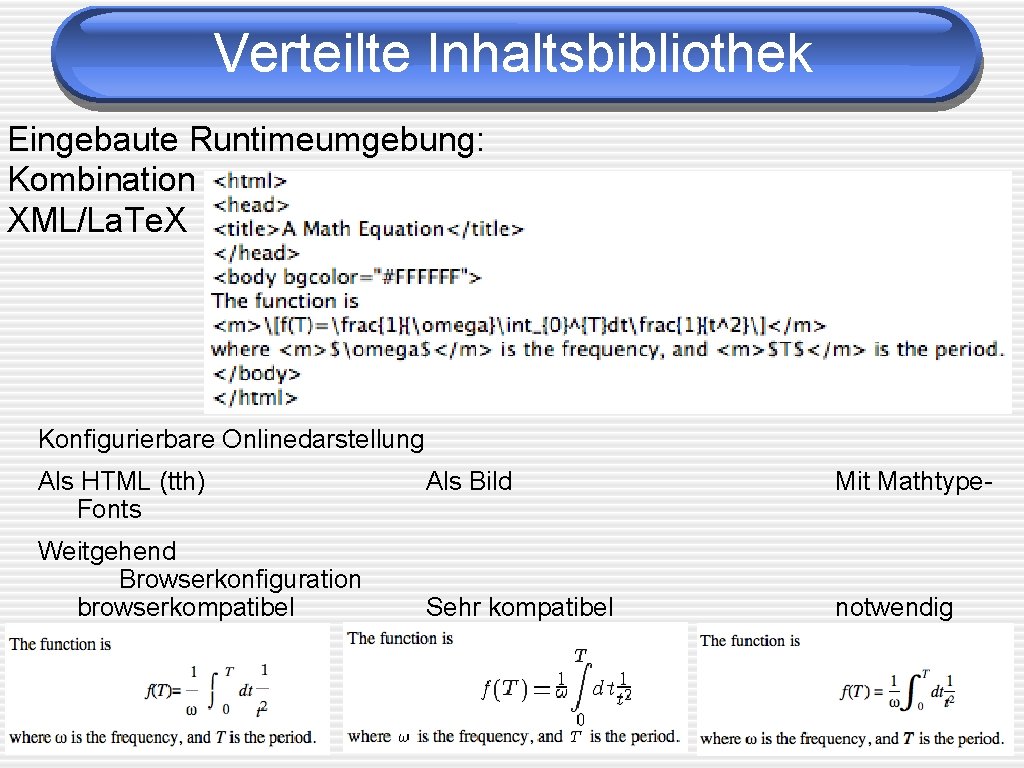 Verteilte Inhaltsbibliothek Eingebaute Runtimeumgebung: Kombination XML/La. Te. X Konfigurierbare Onlinedarstellung Als HTML (tth) Fonts