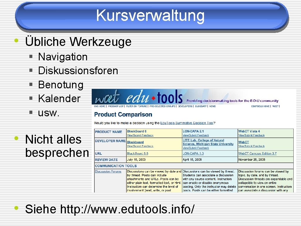 Kursverwaltung • Übliche Werkzeuge § § § Navigation Diskussionsforen Benotung Kalender usw. • Nicht