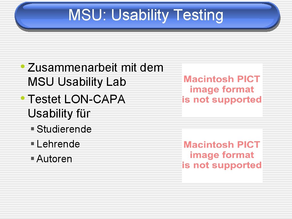 MSU: Usability Testing • Zusammenarbeit mit dem MSU Usability Lab • Testet LON-CAPA Usability