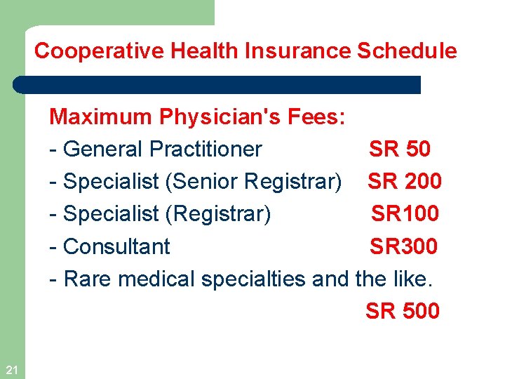 Cooperative Health Insurance Schedule Maximum Physician's Fees: - General Practitioner SR 50 - Specialist
