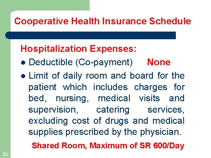 Cooperative Health Insurance Schedule Hospitalization Expenses: l Deductible (Co-payment) None l Limit of daily