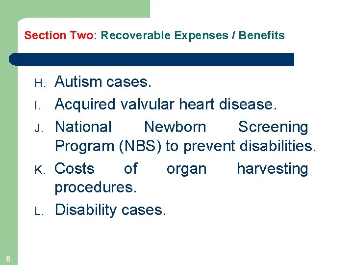 Section Two: Recoverable Expenses / Benefits H. I. J. K. L. 6 Autism cases.