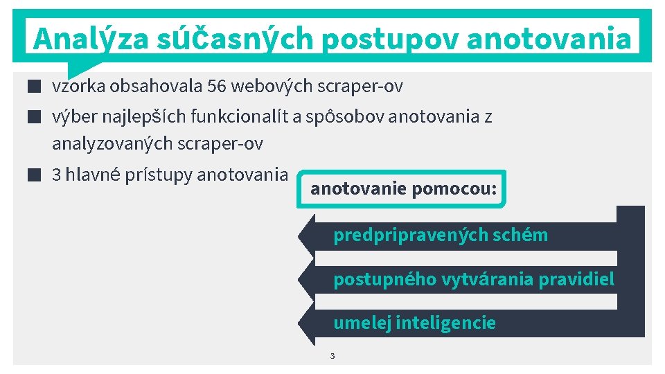 Analýza súčasných postupov anotovania ■ vzorka obsahovala 56 webových scraper-ov ■ výber najlepších funkcionalít