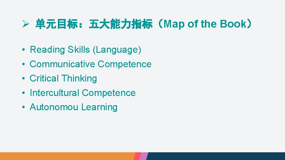 Ø 单元目标：五大能力指标（Map of the Book） • • • Reading Skills (Language) Communicative Competence Critical