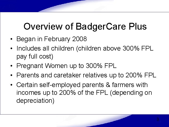 Overview of Badger. Care Plus • Began in February 2008 • Includes all children