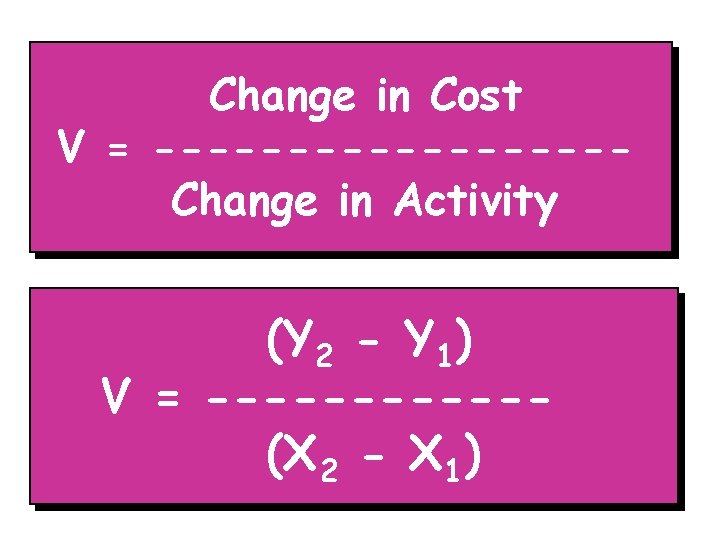 Change in Cost V = ---------Change in Activity (Y 2 - Y 1) V