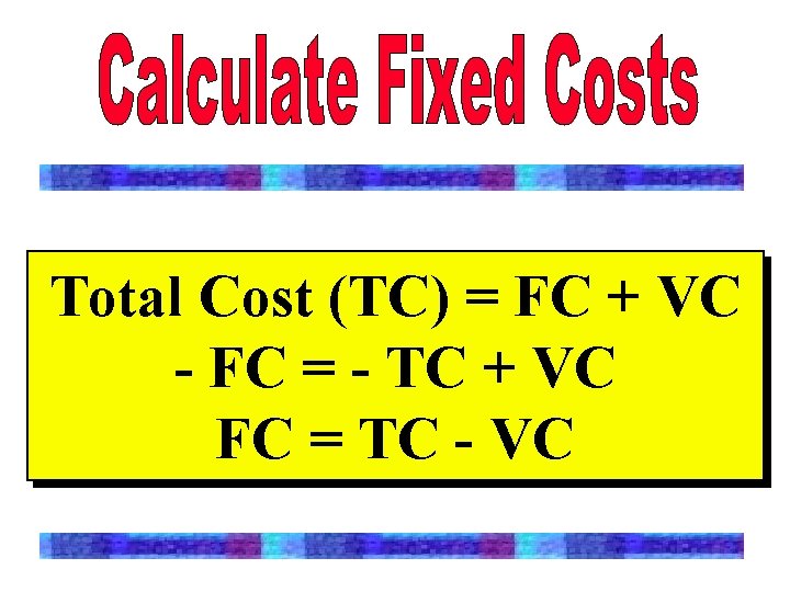 Total Cost (TC) = FC + VC - FC = - TC + VC