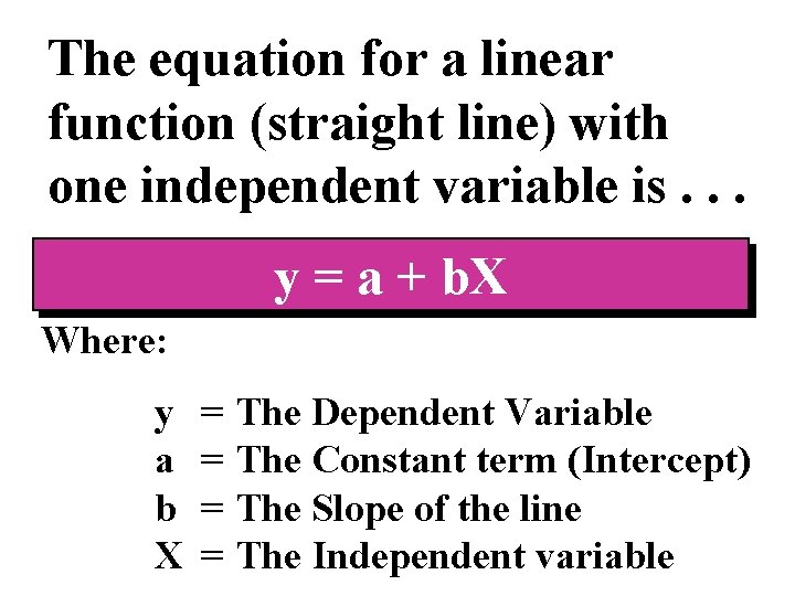 The equation for a linear function (straight line) with one independent variable is. .
