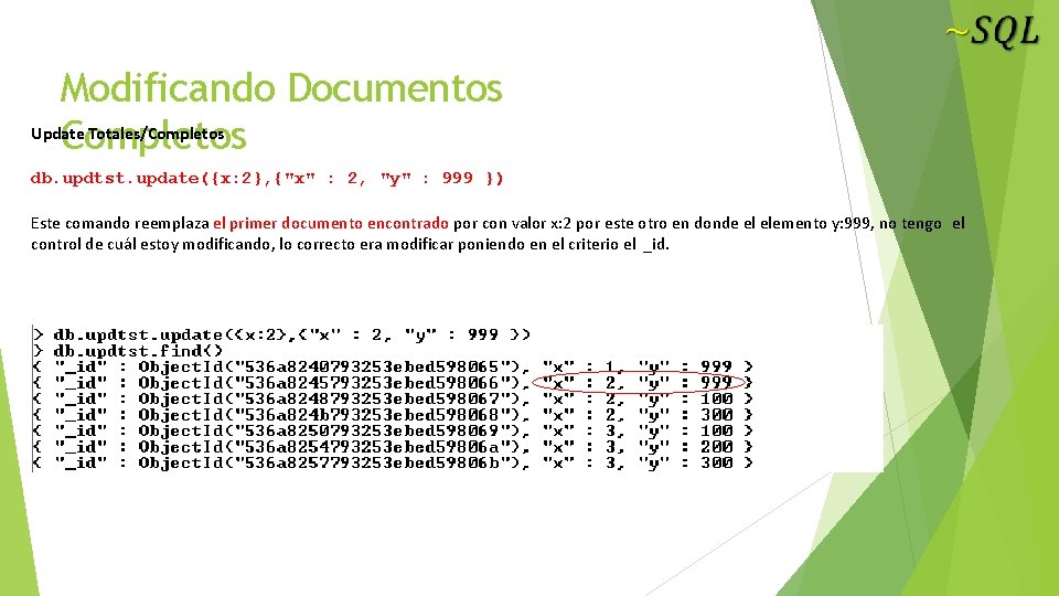 Modificando Documentos Update Totales/Completos db. updtst. update({x: 2}, {"x" : 2, "y" : 999