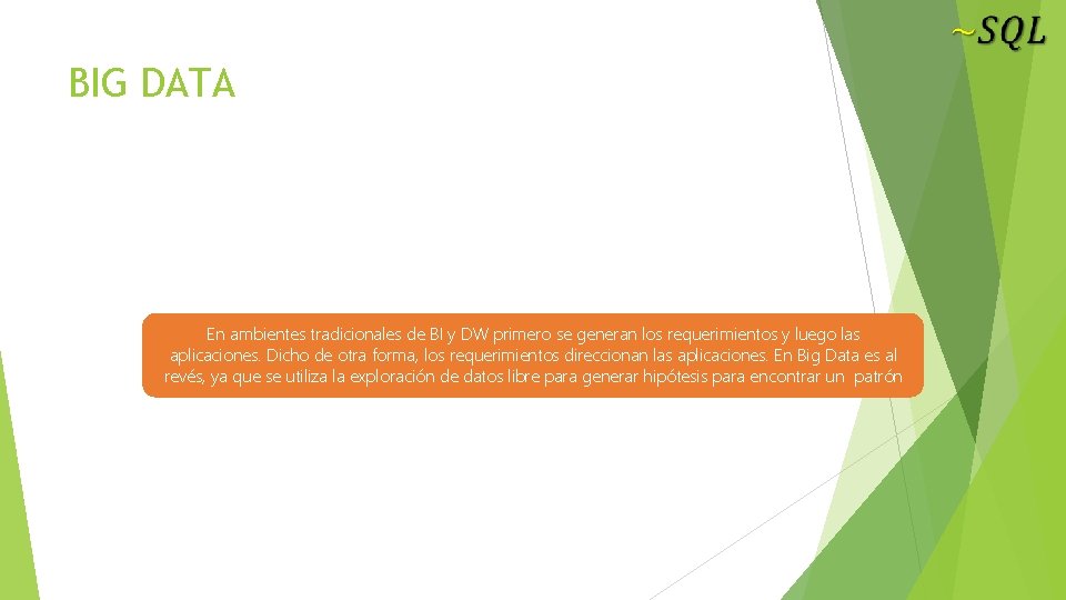 BIG DATA En ambientes tradicionales de BI y DW primero se generan los requerimientos