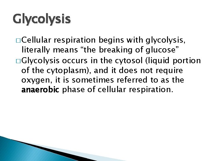 Glycolysis � Cellular respiration begins with glycolysis, literally means “the breaking of glucose” �