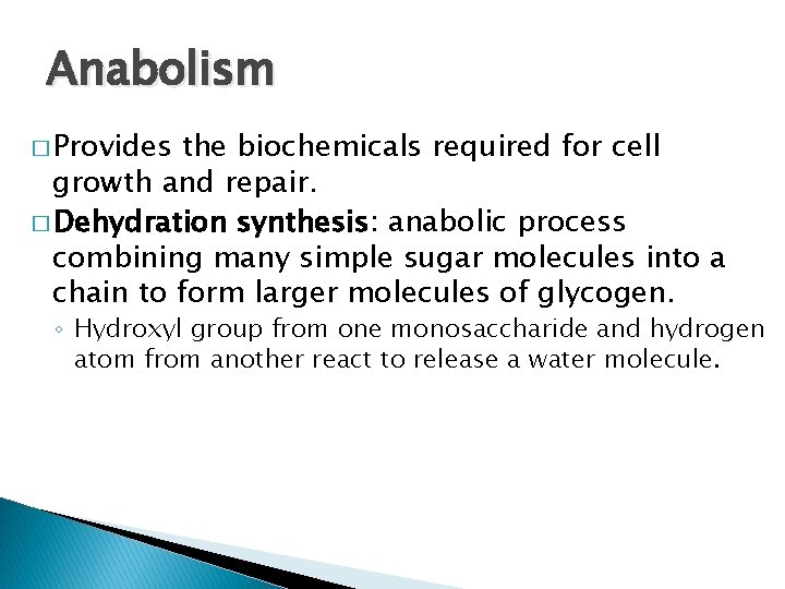 Anabolism � Provides the biochemicals required for cell growth and repair. � Dehydration synthesis: