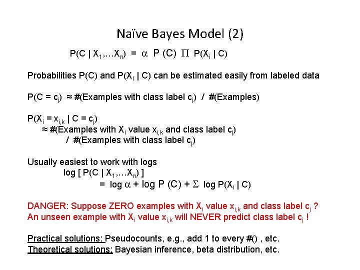 Naïve Bayes Model (2) P(C | X 1, …Xn) = a P (C) P(Xi