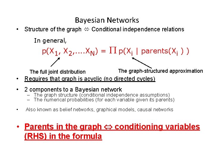 Bayesian Networks • Structure of the graph Conditional independence relations In general, p(X 1,