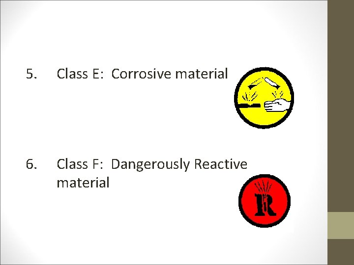 5. Class E: Corrosive material 6. Class F: Dangerously Reactive material 