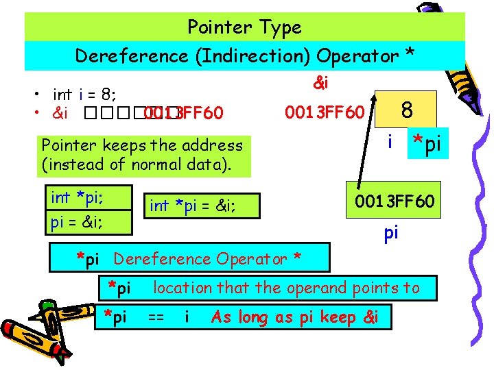 Pointer Type Dereference (Indirection) Operator * • int i = 8; • &i ������