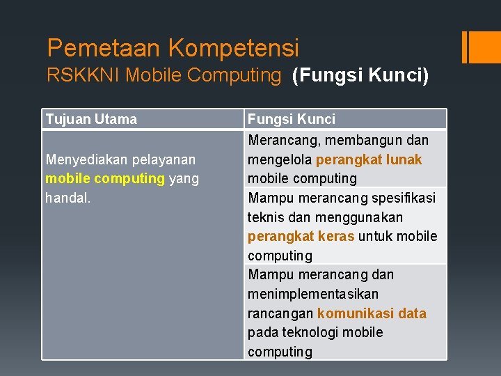 Pemetaan Kompetensi RSKKNI Mobile Computing (Fungsi Kunci) Tujuan Utama Menyediakan pelayanan mobile computing yang
