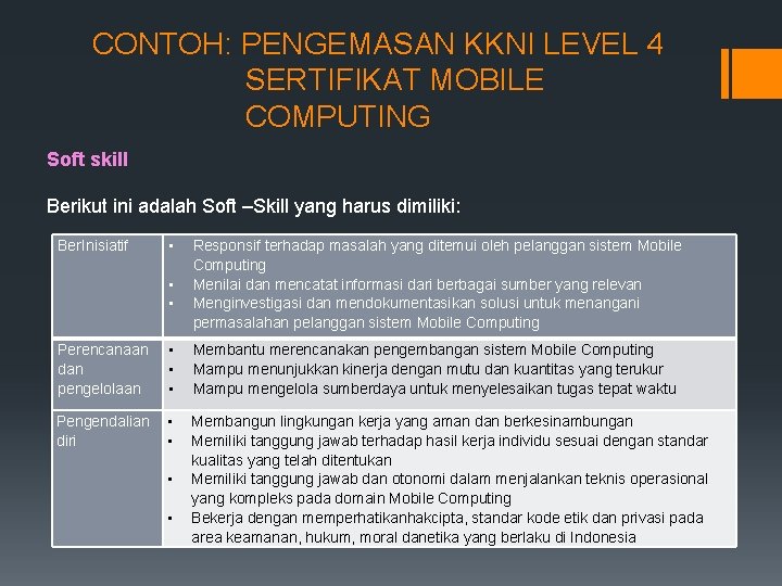 CONTOH: PENGEMASAN KKNI LEVEL 4 SERTIFIKAT MOBILE COMPUTING Soft skill Berikut ini adalah Soft
