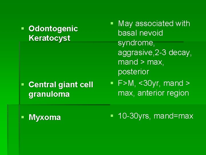 § Central giant cell granuloma § May associated with basal nevoid syndrome, aggrasive, 2