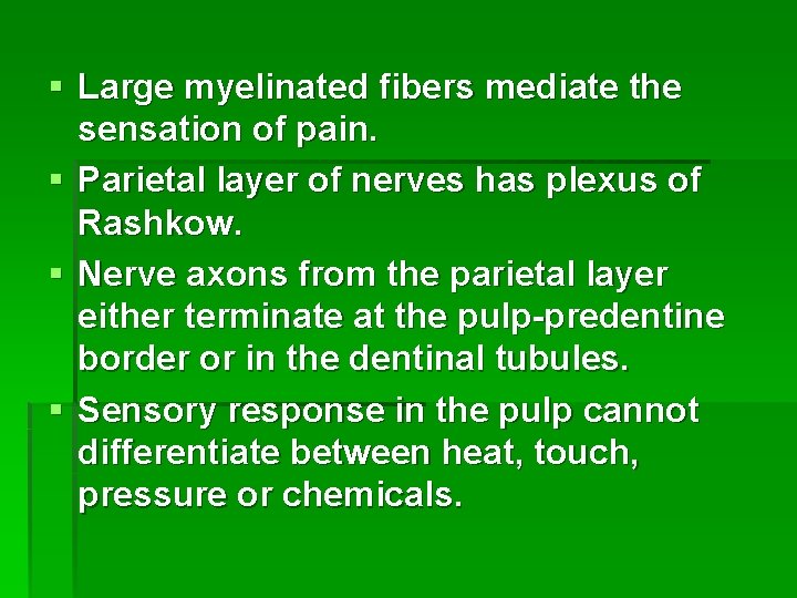 § Large myelinated fibers mediate the sensation of pain. § Parietal layer of nerves