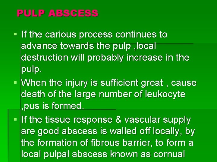 PULP ABSCESS § If the carious process continues to advance towards the pulp ,