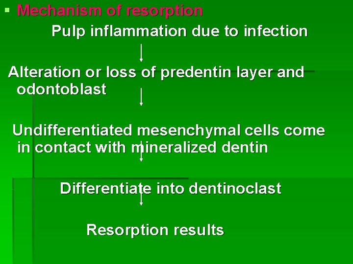 § Mechanism of resorption Pulp inflammation due to infection Alteration or loss of predentin