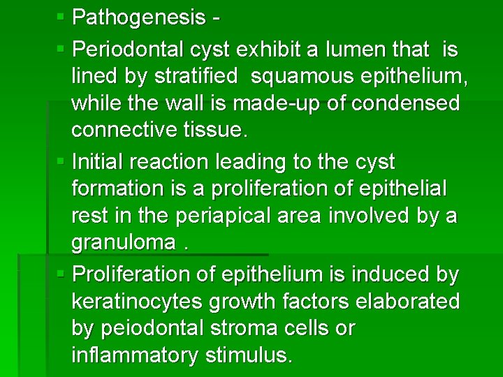 § Pathogenesis § Periodontal cyst exhibit a lumen that is lined by stratified squamous