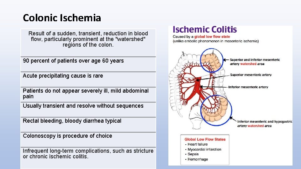 Colonic Ischemia Result of a sudden, transient, reduction in blood flow, particularly prominent at