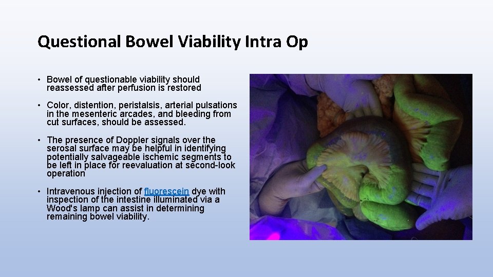 Questional Bowel Viability Intra Op • Bowel of questionable viability should reassessed after perfusion