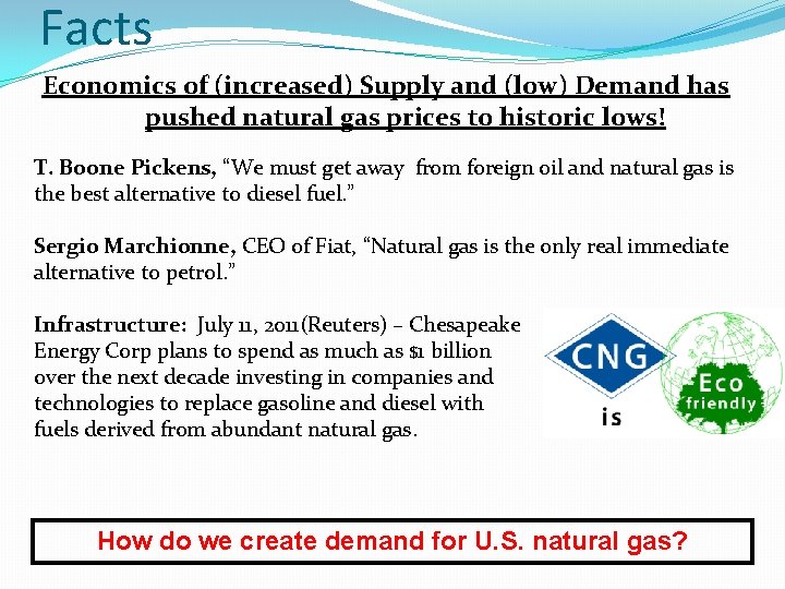 Facts Economics of (increased) Supply and (low) Demand has pushed natural gas prices to