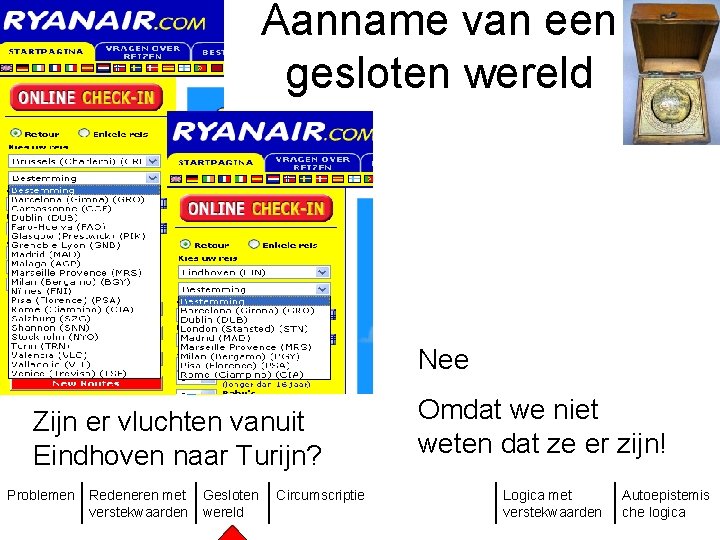 Aanname van een gesloten wereld Nee Zijn er vluchten vanuit Eindhoven naar Turijn? Problemen