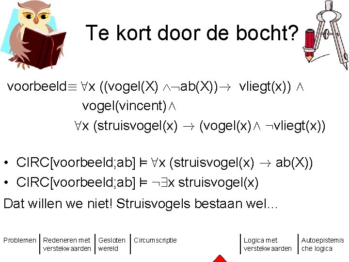 Te kort door de bocht? voorbeeld´ 8 x ((vogel(X) ab(X))! vliegt(x)) Æ vogel(vincent)Æ 8