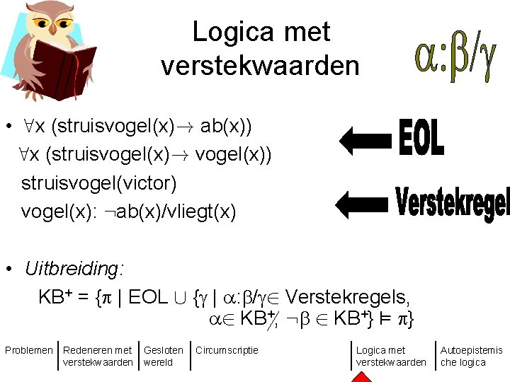 Logica met verstekwaarden • 8 x (struisvogel(x)! ab(x)) 8 x (struisvogel(x)! vogel(x)) struisvogel(victor) vogel(x):