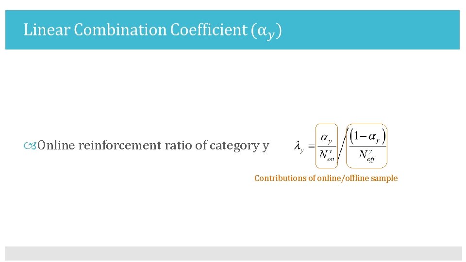  Online reinforcement ratio of category y Contributions of online/offline sample 