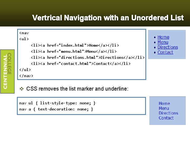 Vertrical Navigation with an Unordered List <nav <ul> <li><a </ul> </nav> href="index. html">Home</a></li> href="menu.