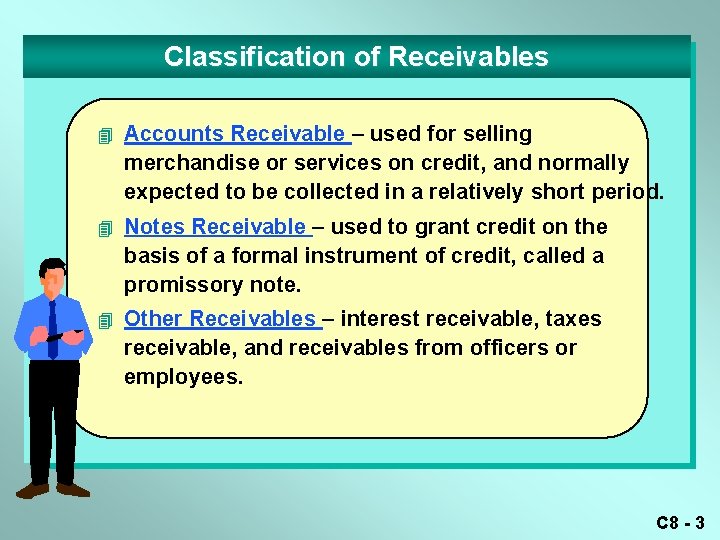 Classification of Receivables 4 Accounts Receivable – used for selling merchandise or services on