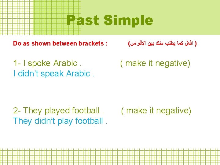 Past Simple Do as shown between brackets : ( ) ﺍﻓﻌﻞ ﻛﻤﺎ ﻳﻄﻠﺐ ﻣﻨﻚ