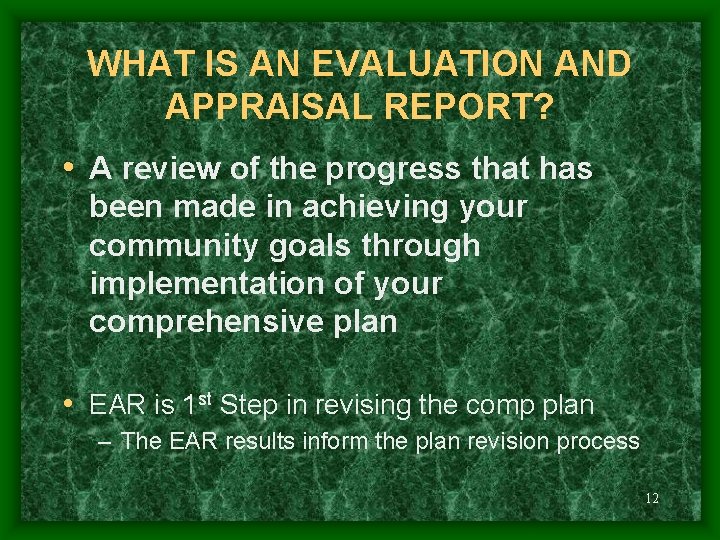 WHAT IS AN EVALUATION AND APPRAISAL REPORT? • A review of the progress that