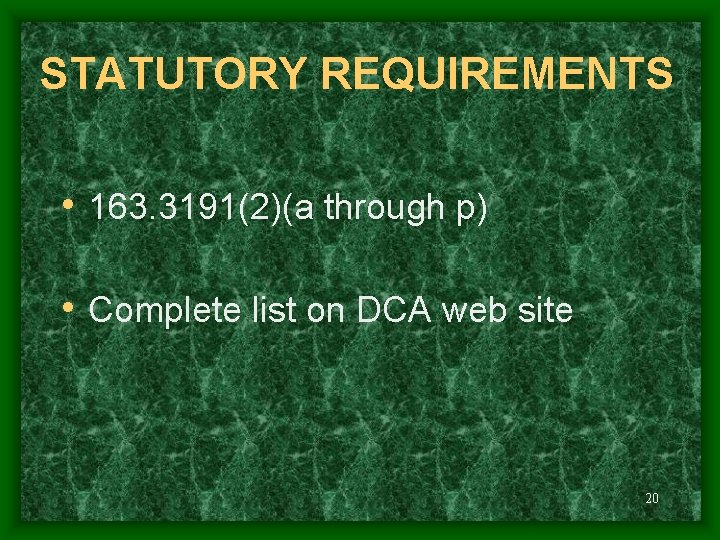 STATUTORY REQUIREMENTS • 163. 3191(2)(a through p) • Complete list on DCA web site