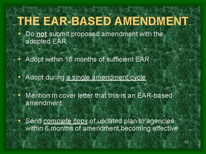 THE EAR-BASED AMENDMENT • Do not submit proposed amendment with the adopted EAR •