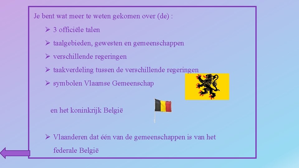 Je bent wat meer te weten gekomen over (de) : Ø 3 officiële talen