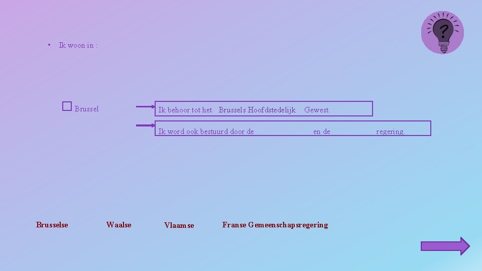  • Ik woon in : Brussel Ik behoor tot het Brussels Hoofdstedelijk Ik