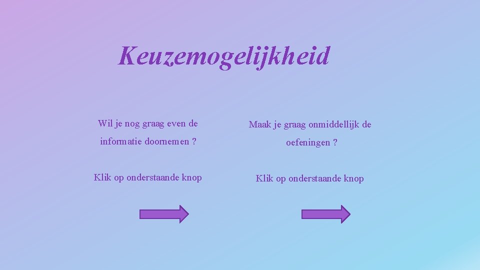 Keuzemogelijkheid Wil je nog graag even de Maak je graag onmiddellijk de informatie doornemen