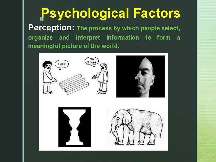 Psychological Factors z Perception: The process by which people select, organize and interpret information