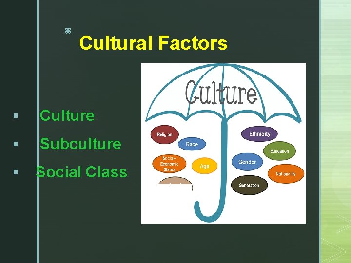 z Cultural Factors § Culture § Subculture § Social Class 