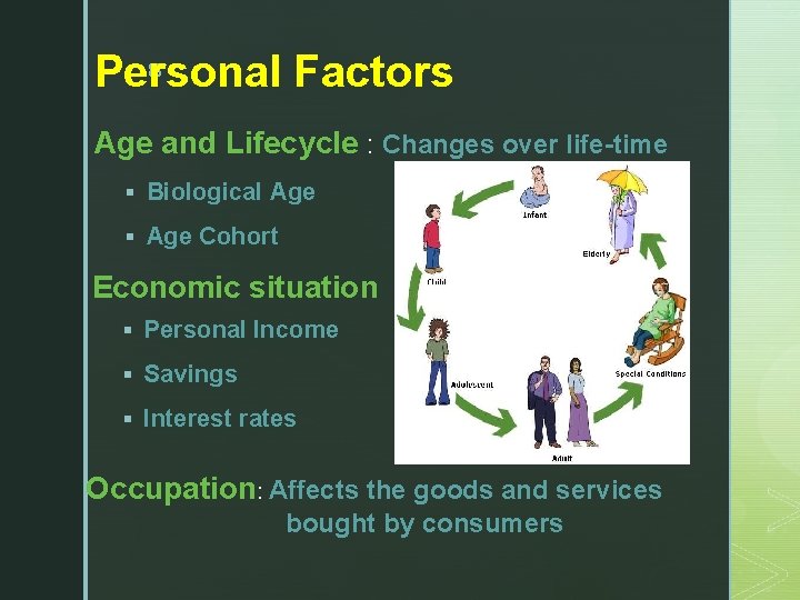 Personal Factors z Age and Lifecycle : Changes over life-time § Biological Age §