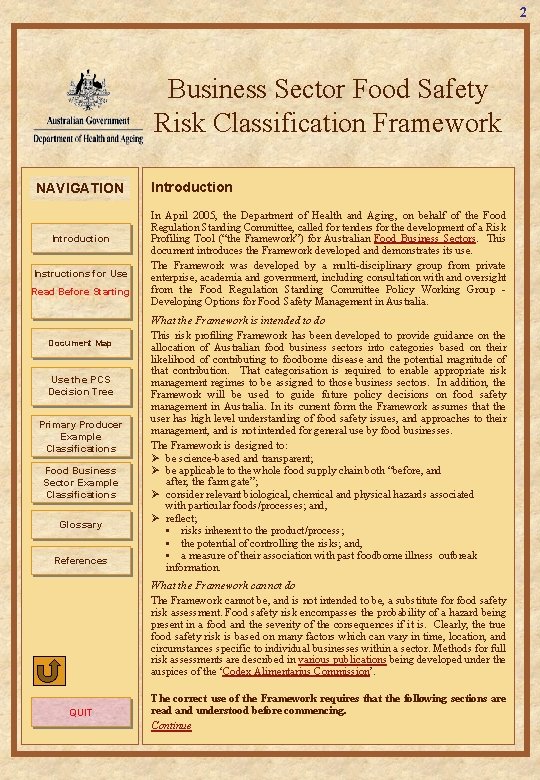 2 Business Sector Food Safety Risk Classification Framework NAVIGATION Introduction Instructions for Use Read