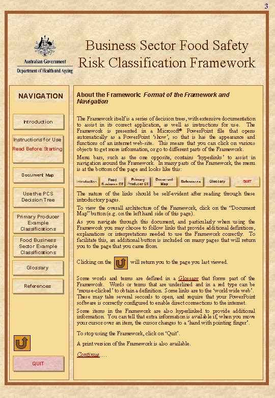 3 Business Sector Food Safety Risk Classification Framework NAVIGATION Introduction Instructions for Use Read