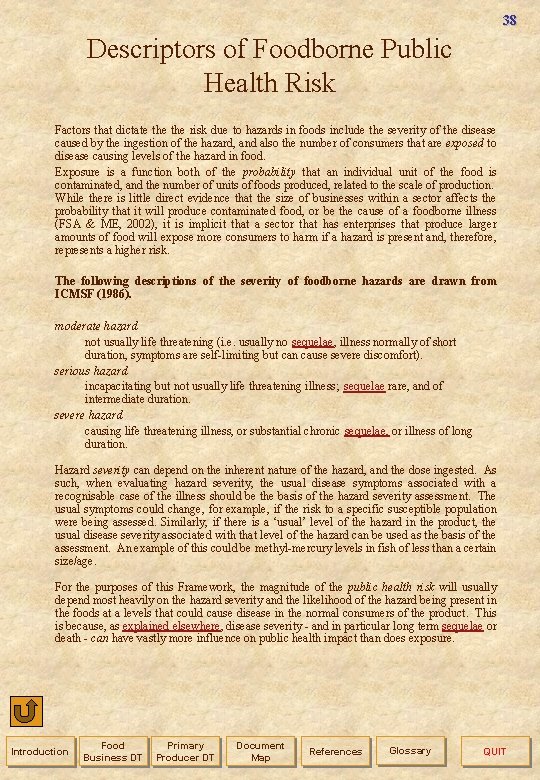 38 Descriptors of Foodborne Public Health Risk Factors that dictate the risk due to