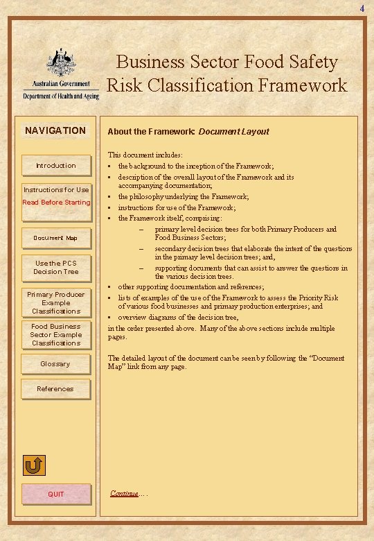 4 Business Sector Food Safety Risk Classification Framework NAVIGATION Introduction Instructions for Use Read